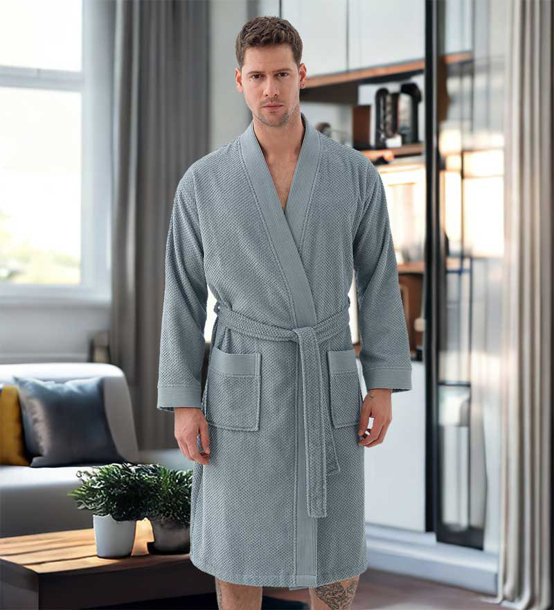 Turkish Cotton Terry Men's Bathrobe, Kimono Terry Bathrobe, Long Textured, Rice Weave Trim - Kimono SEYANTE 