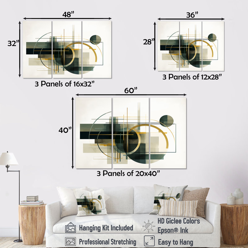 Ensemble de salon Emerald Gold Retro Geometrics - Minimalisme, Toile tendue, 40" H x 60" W x 1" D