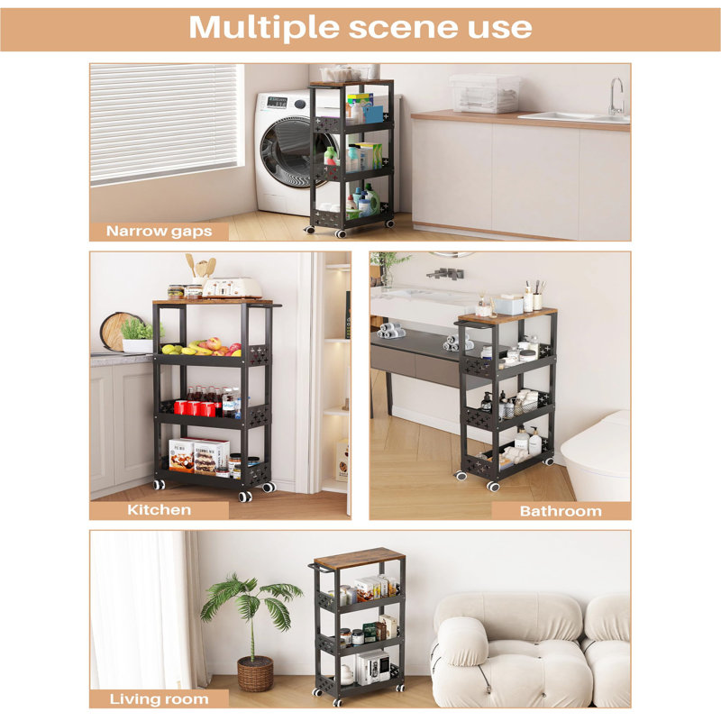 17cm W Metal Storage Rack with Wheels, Black