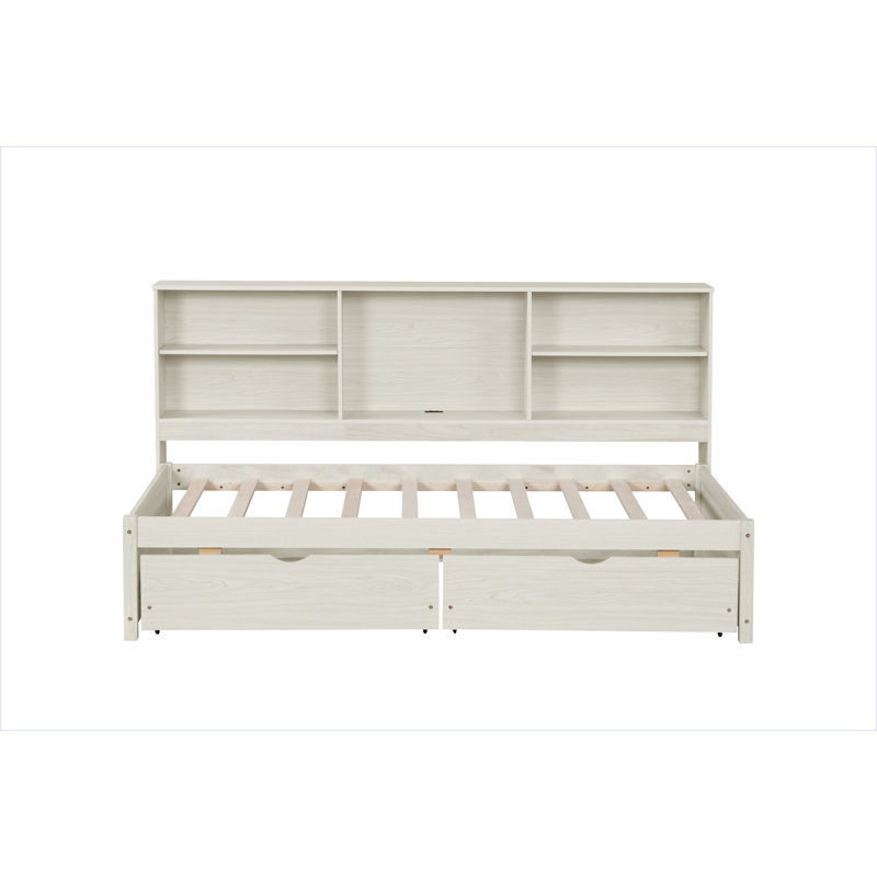 Bed Frame With Side Bookshelves, Two Drawers, And Built-In USB Port, White