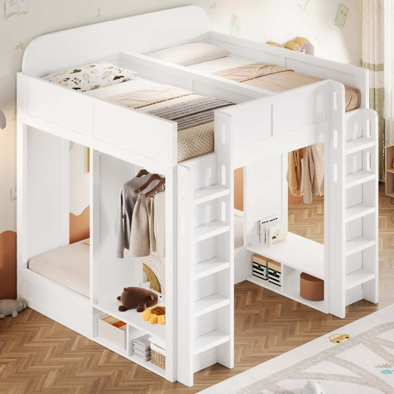 Lit superposé triple peu encombrant avec rangement intégré et crochets de suspension, Blanc