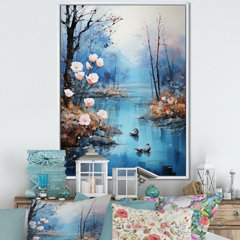 «Romantic Serene Floral Waters», reproduction sur toile encadrée, Cadre flottant blanc, H 44 po x l 34 po x P 1,5 po