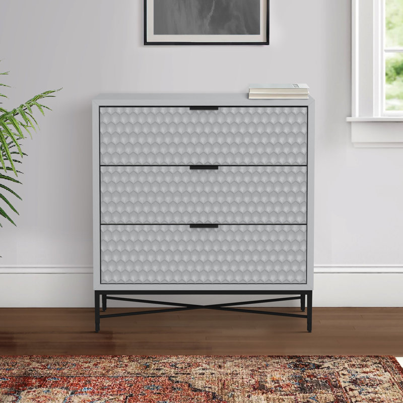 Commode 3 tiroirs l 32 po, Gris clair / noir
