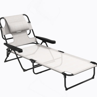 Outsunny Tanning Chaise Lounge Chair, 4-Position Adjustable Sunbathing Chair With Face & Arm Holes, Pillow Headrest, Cream White