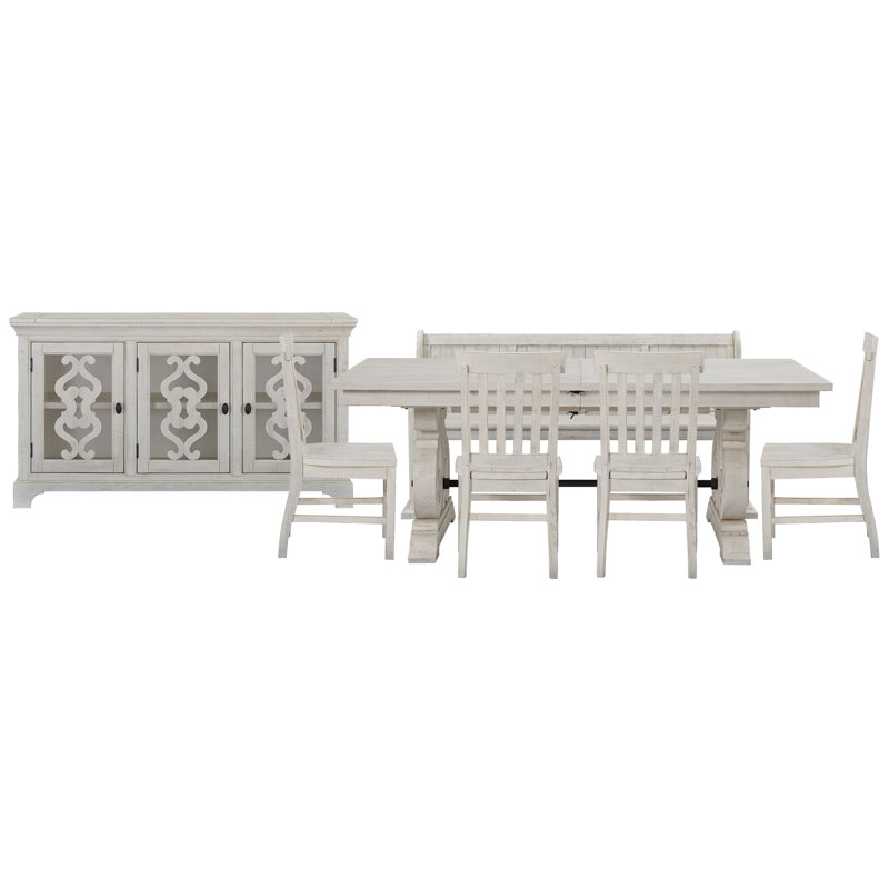 Extendable Rectangular Dining Table With 4 Side Chairs Bench And Server, 7Pcs:Table,Bench,Server,4Chairs