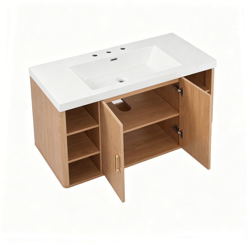 Meuble-lavabo mural de 107 cm (42 pouces) avec lavabo en SMC, armoire en MDF mélamine, charnières à fermeture douce, poignées dorées, tablette en U réglable, 6 étagères ouvertes, solution de rangement pour salle de bain