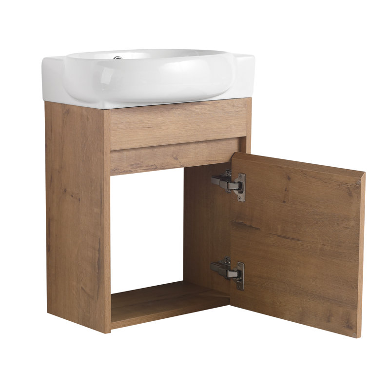 Modern 16" Floating Bathroom Vanity Minimalist Solid Wood Home Ceramic Integrated Basin Wall-Mounted Bathroom Cabinet Set
