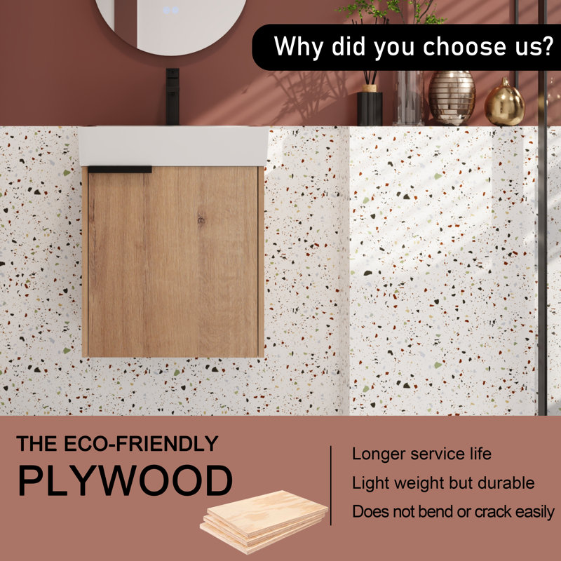 Ensemble de meuble-lavabo simple 18,44 po avec plateau en céramique Kasyn, Chêne
