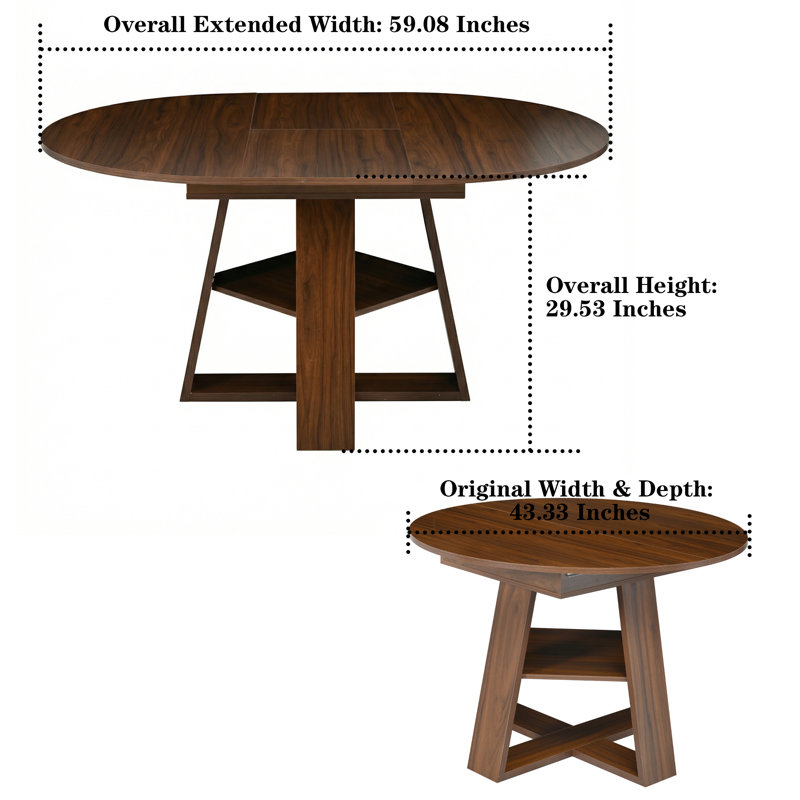 Table de salle à manger extensible en bois de 43,33 à 59,08 pouces de largeur, Walnut
