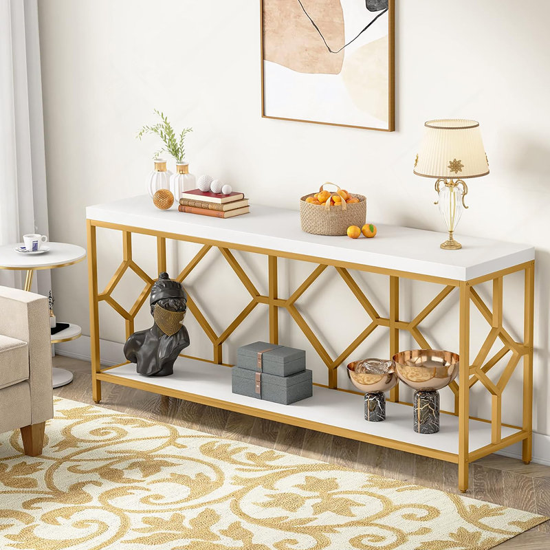 Console industrielle 70,9 pouces avec rangement ouvert à 2 niveaux, blanc et or, parfaite pour les vestibules et les salons