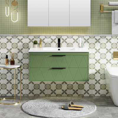 Ciarra Makowski 36'' Wall Mounted Floating Bathroom Vanity Set with Sink Top, Zinc Alloy Faucet, Soft-close Drawers