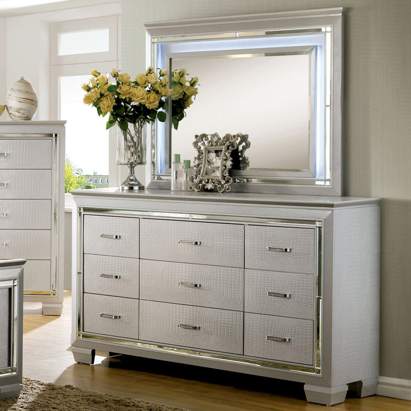 Aghanliss 9 Drawer Dresser with Mirror, Silver