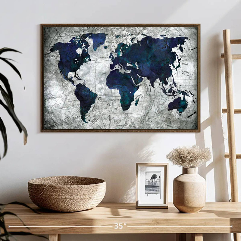 Carte du monde, 25 po x 17 po, Cadre flottant noyer