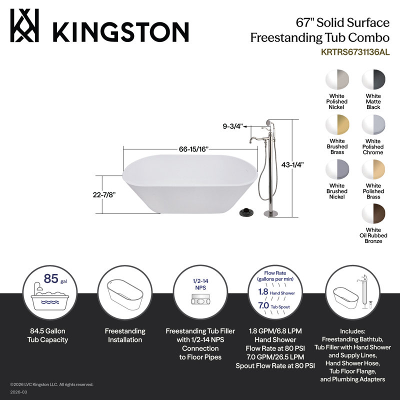 Kingston Arcticstone 67-Inch Solid Surface Oval Double Ended Freestanding Tub With Faucet Combo And Drain, Matte Black