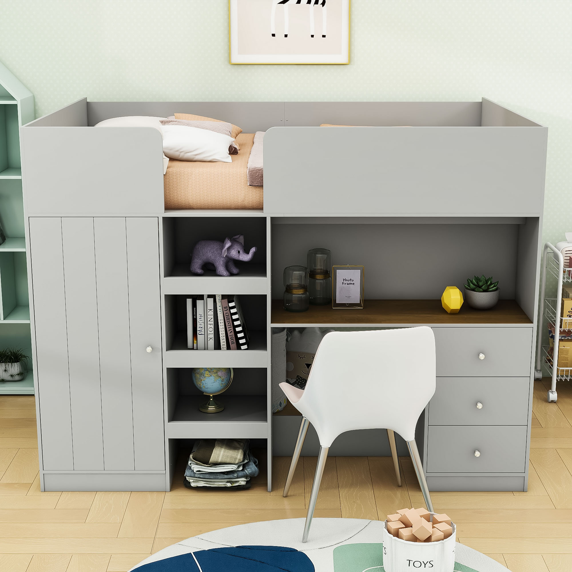 Harriet Bee Full Wooden Loft Bed With Wardrobe And Desk And 3 Drawers ...