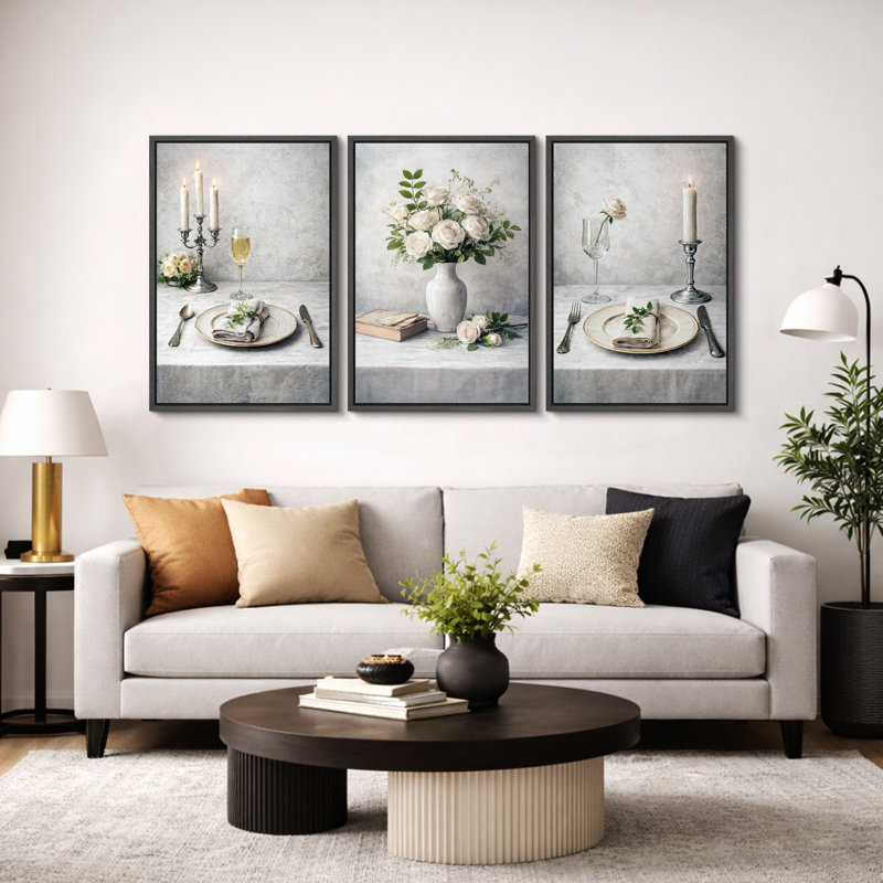 "Elegant White Floral Table Table Still Life", H 24 po x l 48 po x P 1,5 po, Cadre noir