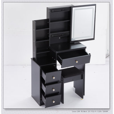 Ensemble de coiffeuse compacte avec miroir à DEL, centrale électrique, support pour sèche-cheveux et tabouret rembourré pour les petites chambres