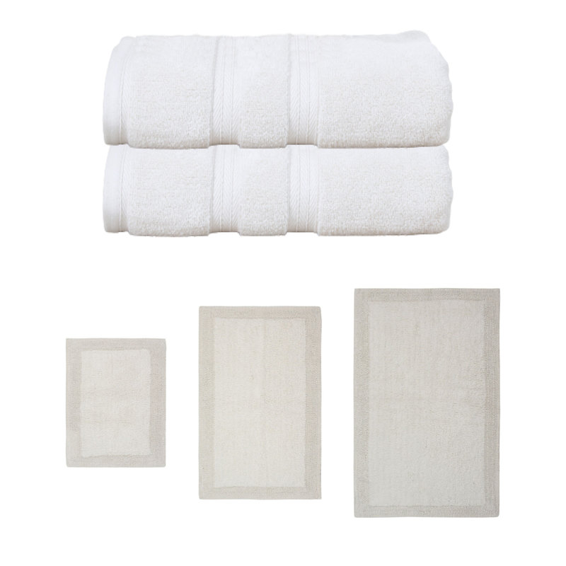 Buariki Collection 100% Soft Cotton 2 Pc Bath Towel Set & 3 Pc Bath Rug Set, (Set of 5) Reversible, Ivory