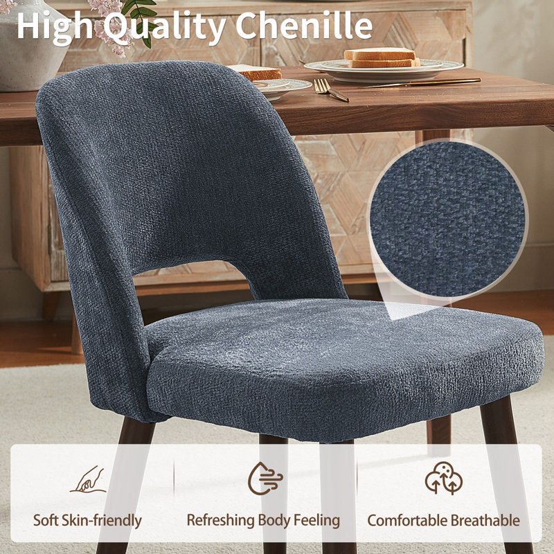 Ensemble de 2 chaises d'appoint en chenille rembourrées avec pieds en bois massif pour salle à manger, Bleu