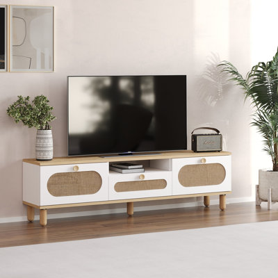 Elegant TV Stand with Wall-Mount Option, 59.1 x 16.9 x 11.8 inches | Sapphire Oak & White | 100% Melamine Coated Particle Board, Thickness: 0.7 inches | Features Multiple Shelves for Storage & Organization