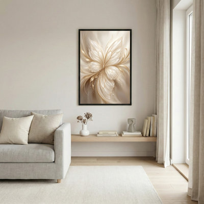 Art mural sur toile, aspect chêne naturel pour le salon, la chambre à coucher, le bureau ou le vestibule - Décoration murale décorative avec fleur dorée