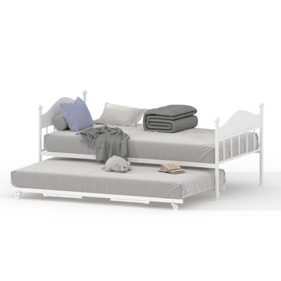  Heavy Duty Metal Twin Daybed with Pop-Up Collapsible Trundle - Steel Slats - Stylish Headboard - Adjustable Sofa Bed Frame for Bedroom, Living Room, Guest Room and Home Office - White
