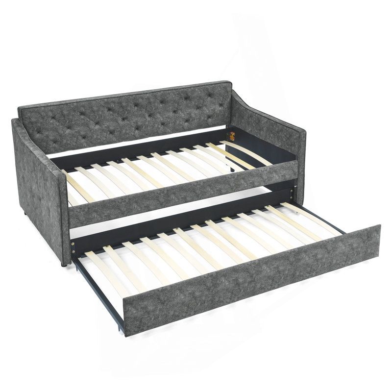 Twin Size Daybed With Twin Size Trundle Upholstered Tufted Sofa Bed,  Waved Shape Arms, Grey (80.5"X44.5"X33.5"), Gray