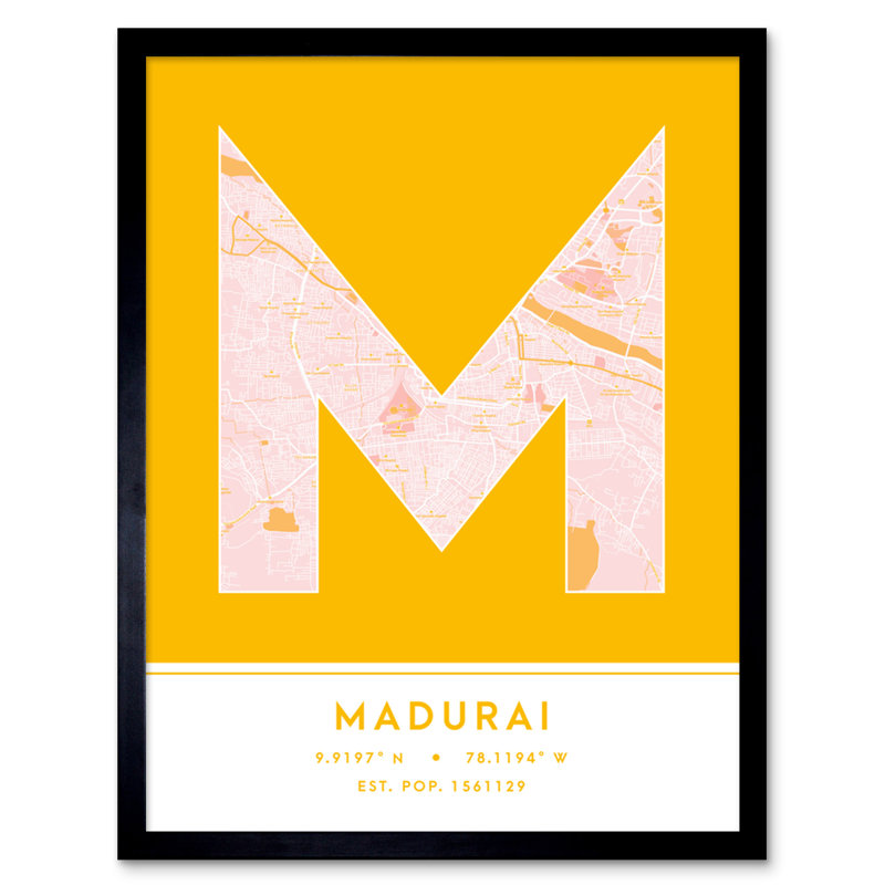 Madurai City Map Madurai Yellow by Wee Blue Coo - Single Picture Frame Typography