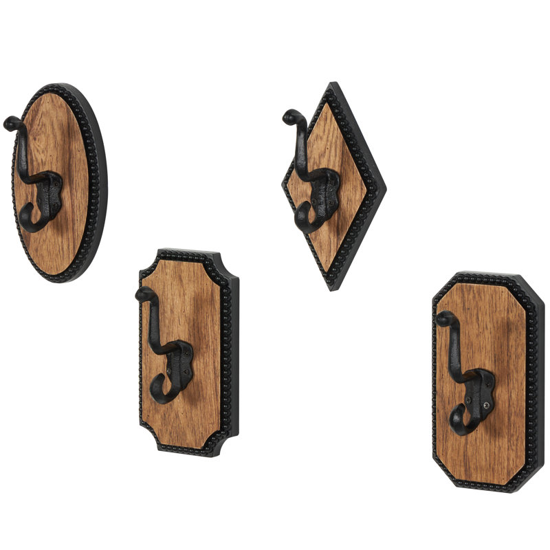 Jimeto Wooden Vintage Inspired Brown Wall Hook with Black Beaded Frames and Varying Geometric Shapes Set