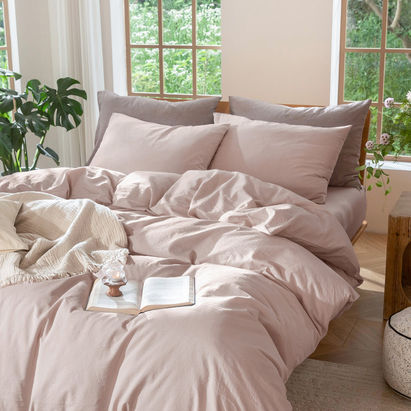 MooMee Lightweight Duvet Cover Set with Zipper Closure 8 Ties 100% Washed Cotton Linen Like Textured Soft Breathable All-Season