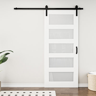 80''H 5-Lite Glass and Wood Panelled White Primer Sliding Barn Door with Installation Hardware Kit (No Assemble Reqiured)