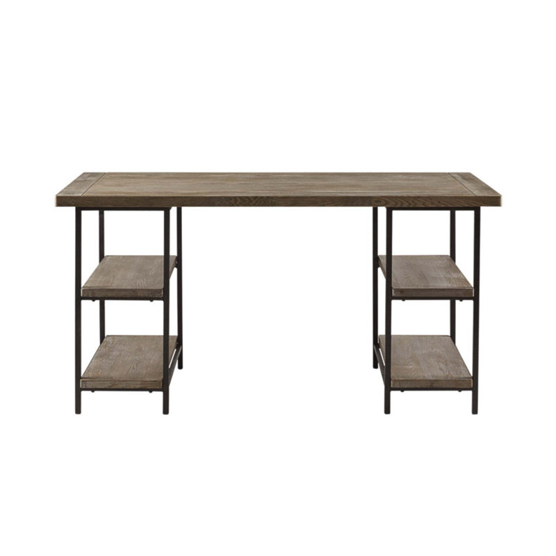 Bureau d'appoint industriel à structure métallique avec tablettes latérales et surface de travail spacieuse, parfait pour le bureau à domicile et les espaces d'étude.