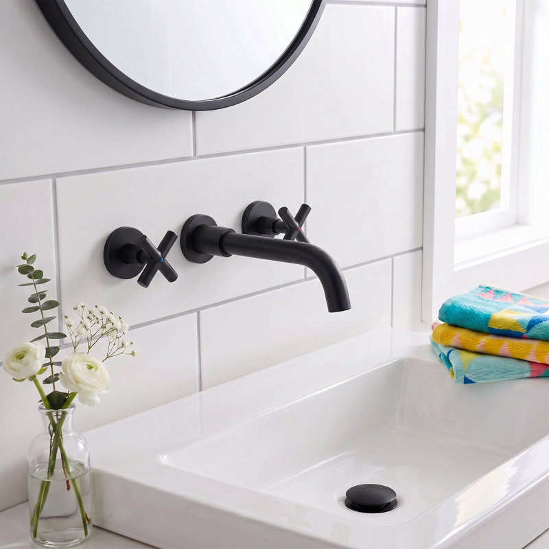 Modern Wall Mounted 2-handle Bathroom Sink Faucet in Matte Black, Solid Brass With Drain Assembly, Matte Black, Cross Handle