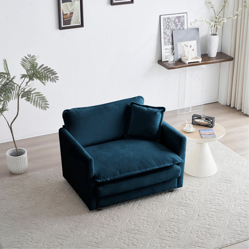 Comfy Deep Single Seat Sofa Upholstered Reading Armchair Living Room Chair Blue Chenille Fabric, Blue