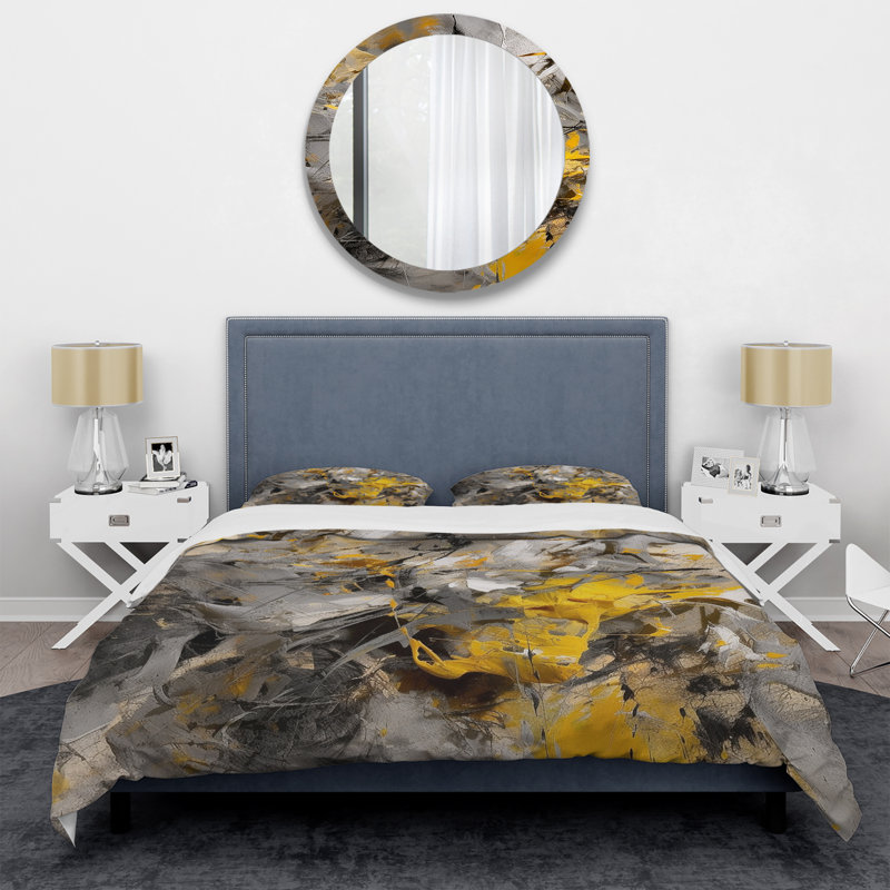 Bliss Of Happiness en gris et jaune I - ensemble de housse de couette abstrait - microfibre de polyester