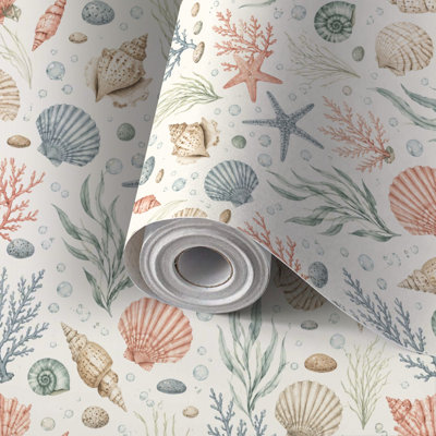 Peel and Stick Wallpaper Contact Paper Seashell Coral Marine Elements Self Adhesive and Removable 24in x 118in(60x300cm)