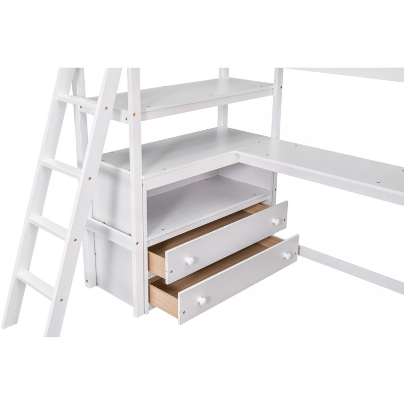 Lit mezzanine simple avec bureau et tablettes, deux tiroirs intégrés, blanc