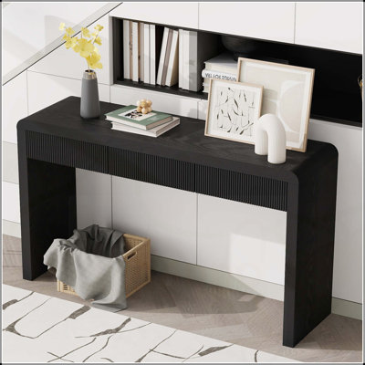 Console rustique avec 3 tiroirs cannelés - Table d'entrée en placage de bois massif avec grain de bois naturel pour le salon, couloir (noir)