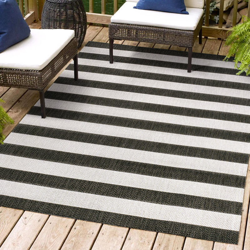 Haylia Two-Tone Wide Stripe Black/Cream Indoor/Outdoor Rug, Rectangle 5'3" x 7'7"