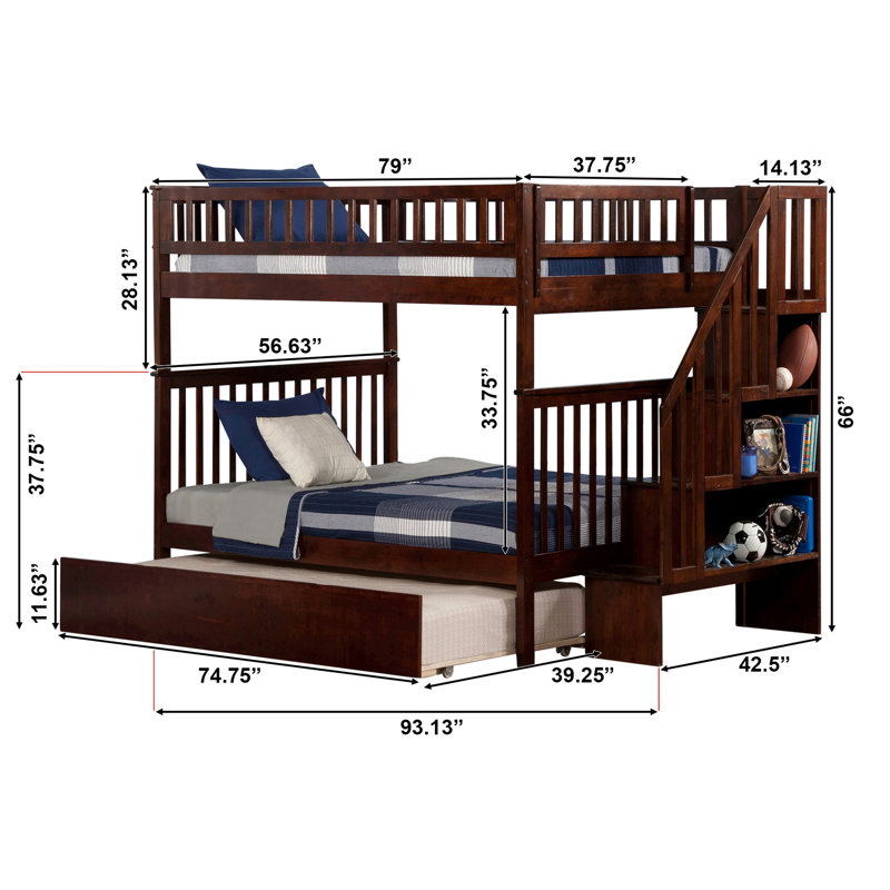 Ilariana Wood Bunk Bed with Staircase and Trundle, Walnut, Full Over Full