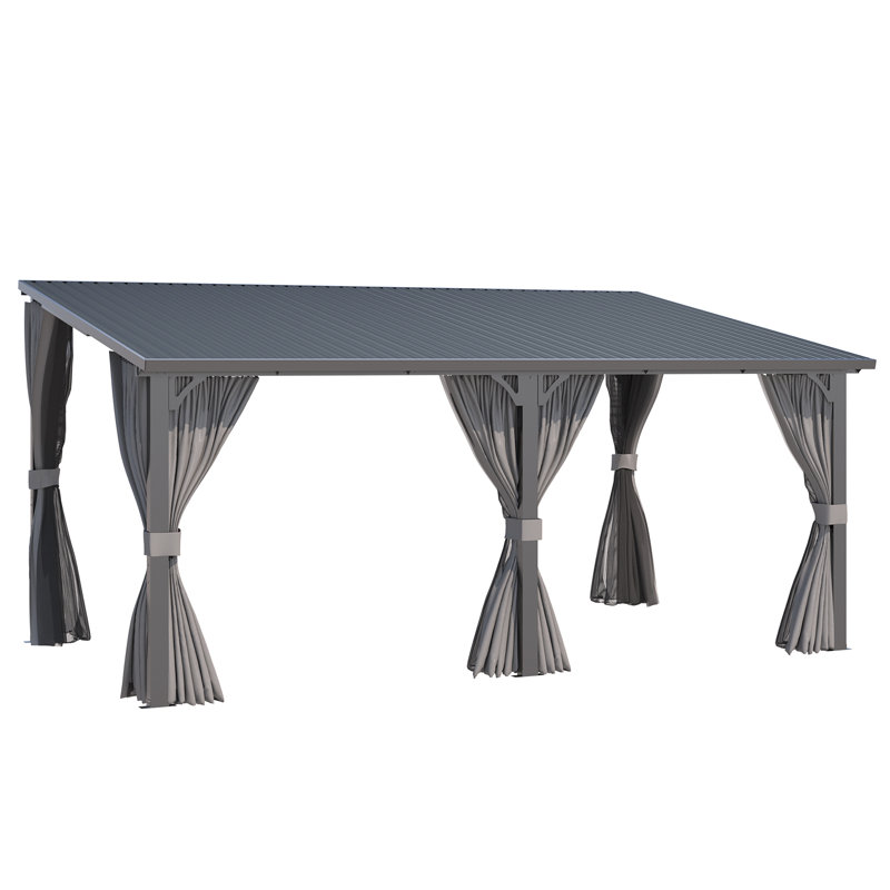 Outdoor Hardtop Metal Gazebo For Patio With Curtains And Mosquito Netting, 98.4" H x 201.6" W x 110.4" D, Gray/Light Gray
