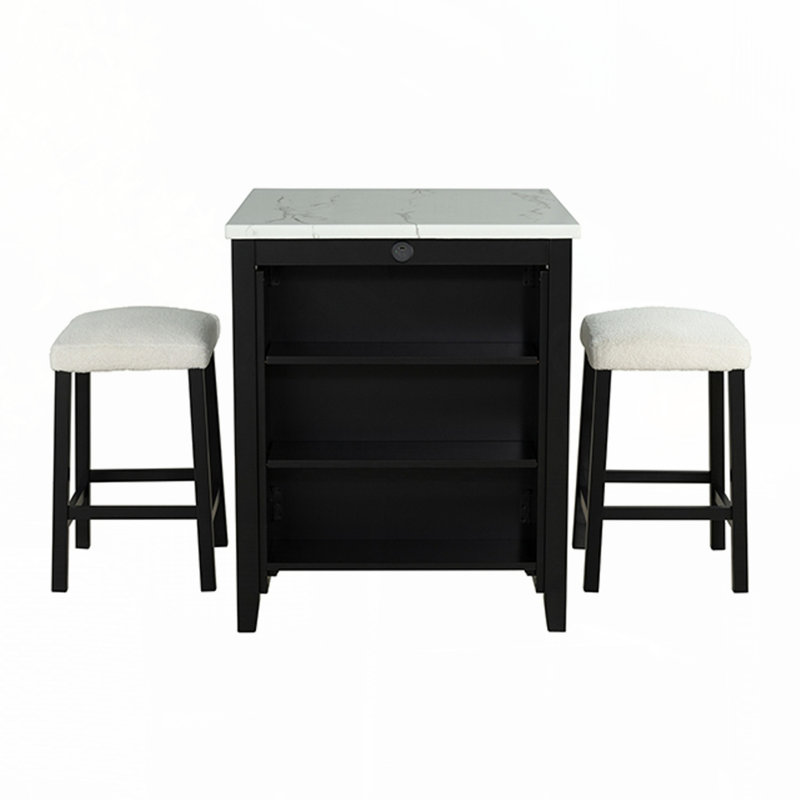 Ensemble de table de salle à manger noir avec tablettes latérales et tabourets ultra-brillants, ensemble de salle à manger 3 pièces blanc / ivoire
