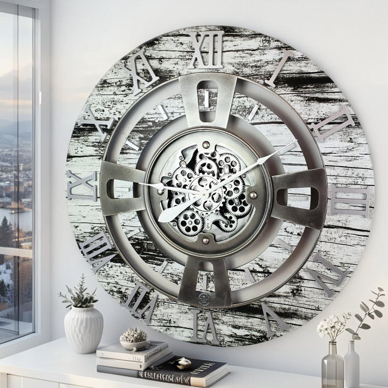 Solid Wood Wall Clock, Grey/White, Large 61cm