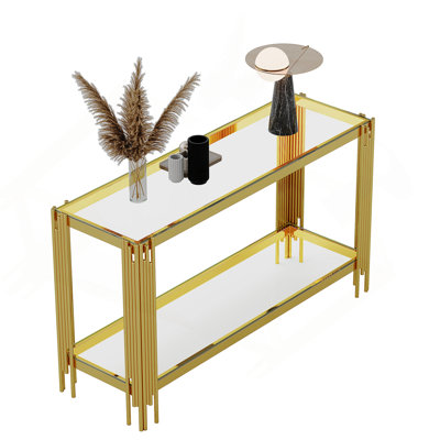 Console supérieure et inférieure en verre trempé à double couche et cadre en acier inoxydable à finition miroir