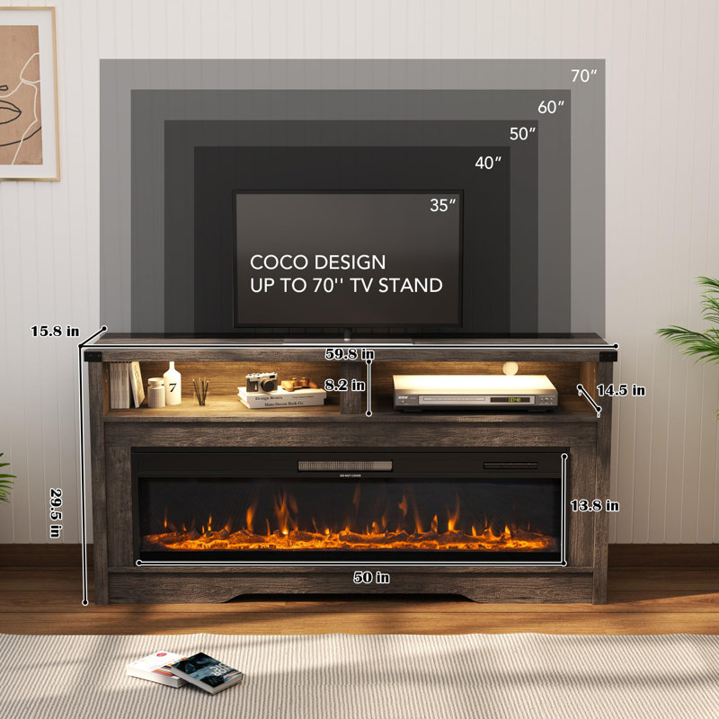 Console multimédia 59,8 po avec foyer, Bois gris