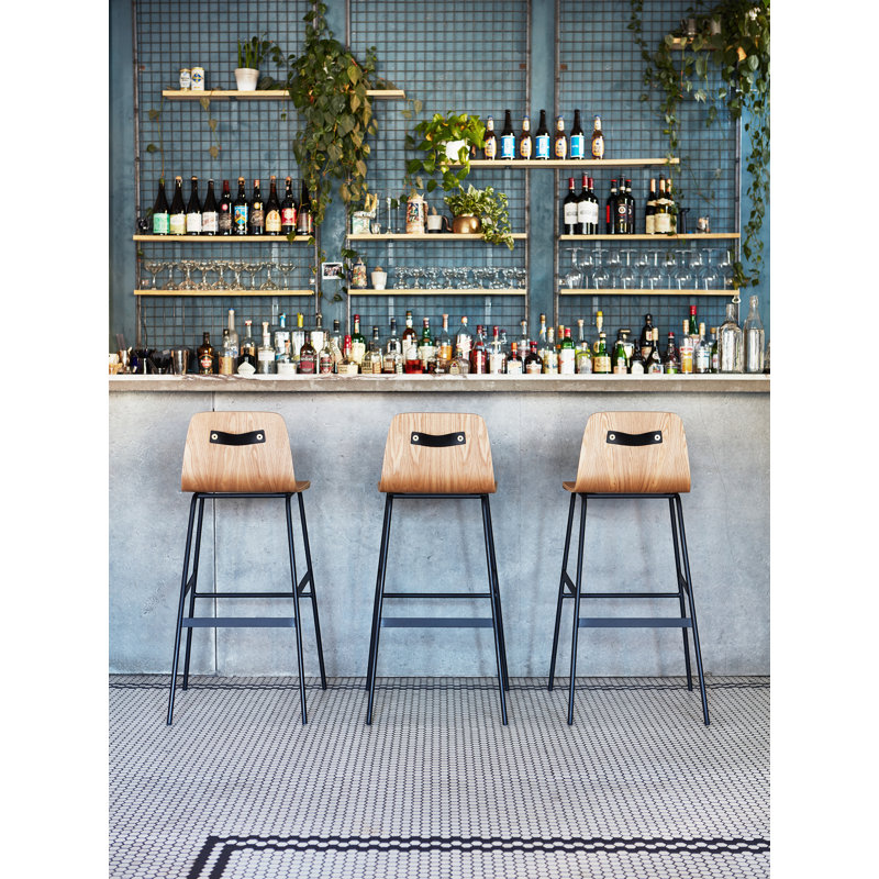 Upholstered Stool with Metal Frame, Bar Stool (30" Seat Height), Saddle Black Genuine Leather