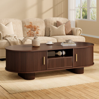 Table basse 55 po ovale avec rangement caché, table de centre cannelée moderne Mid-Century avec tiroir et portes tambour rondes