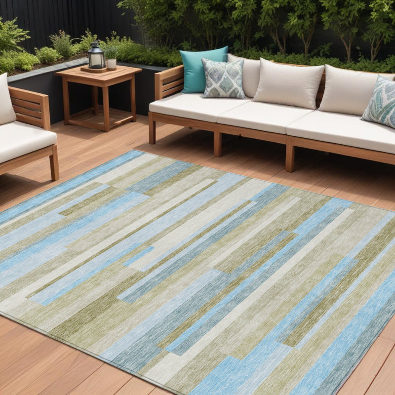 HomeRoots 9' X 12' Sky Blue And Denim Blue Striped Washable Indoor Outdoor Area Rug