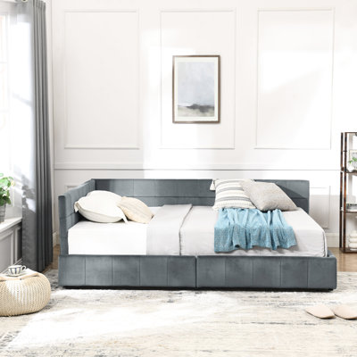 Structure de lit double avec revêtement en velours et rangement à double tiroir, pour les compartiments de rangement gris de la chambre à coucher, utilisation