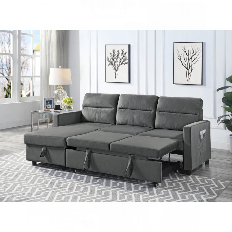 Canapé-lit modulaire réversible en velours gris foncé 81,5 po avec méridienne de rangement et poche latérale